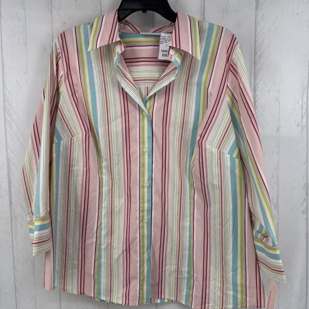 R42 16w striped button down 3/4 slv top
