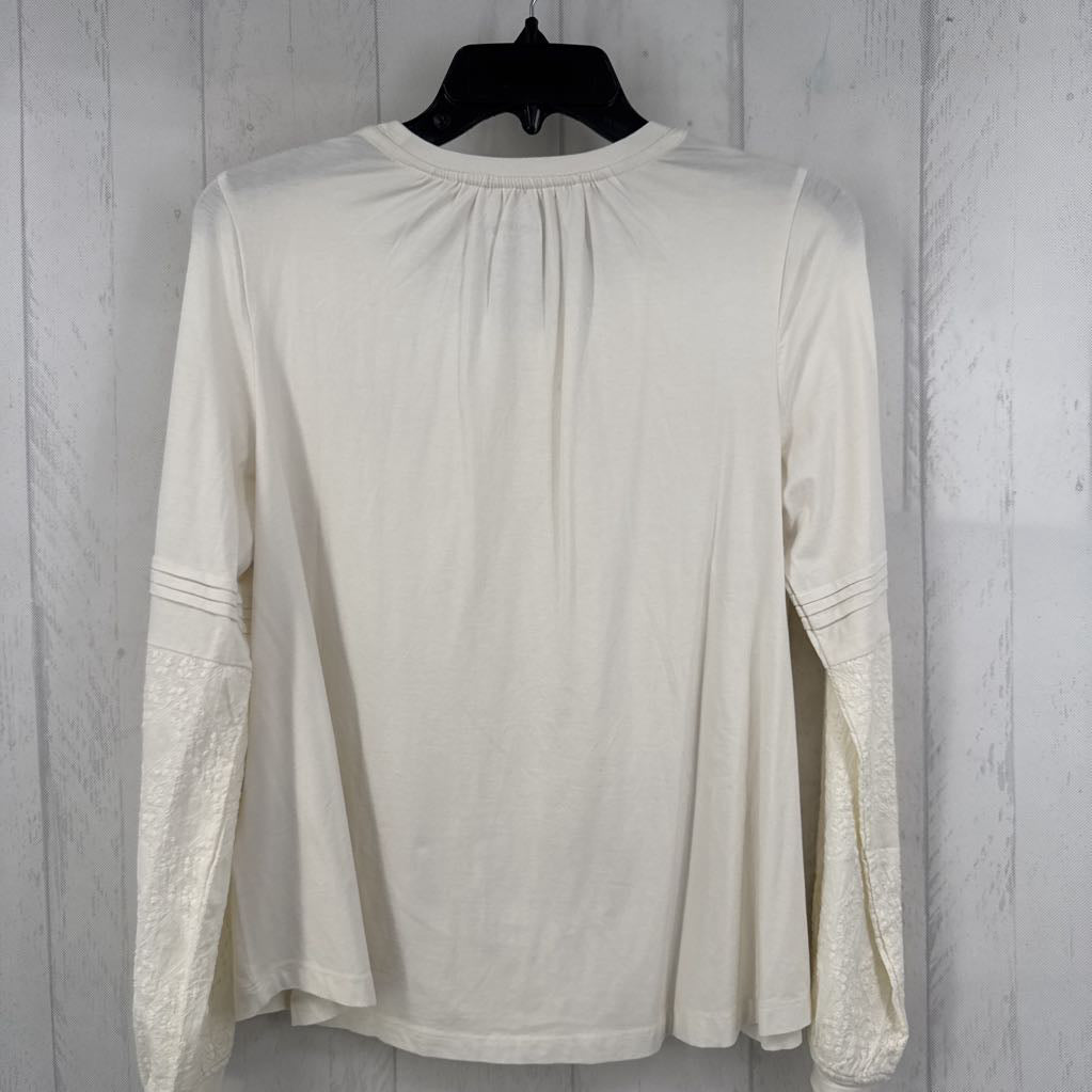Sp round neck pleated embroidered l/s top