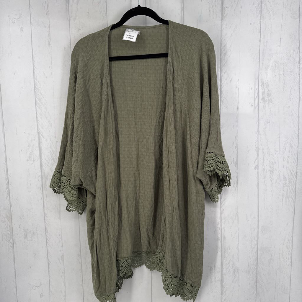 2X textured open front lace trim cardi