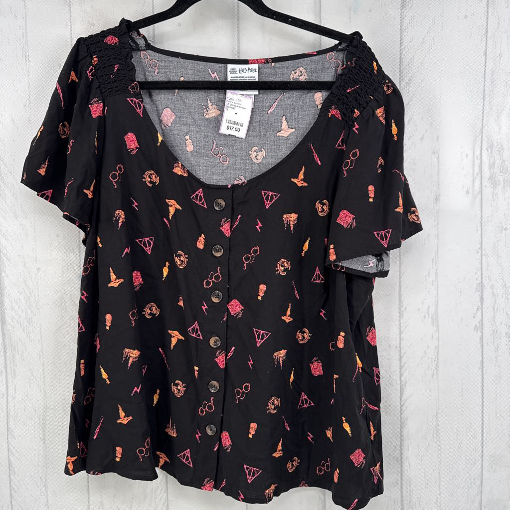 1X printed button down s/s top