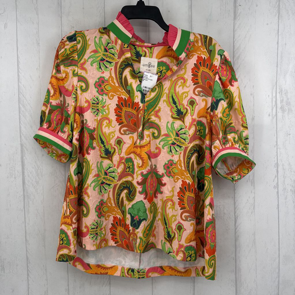 M colorful split neck s/s top