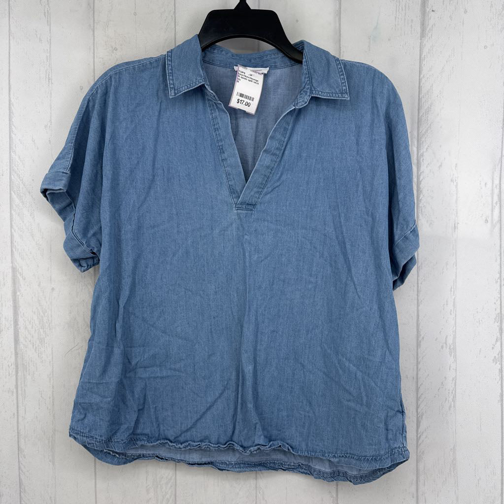 M denim split neck s/s top