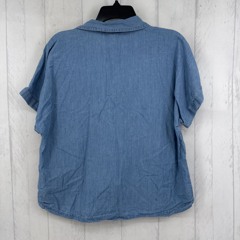 M denim split neck s/s top