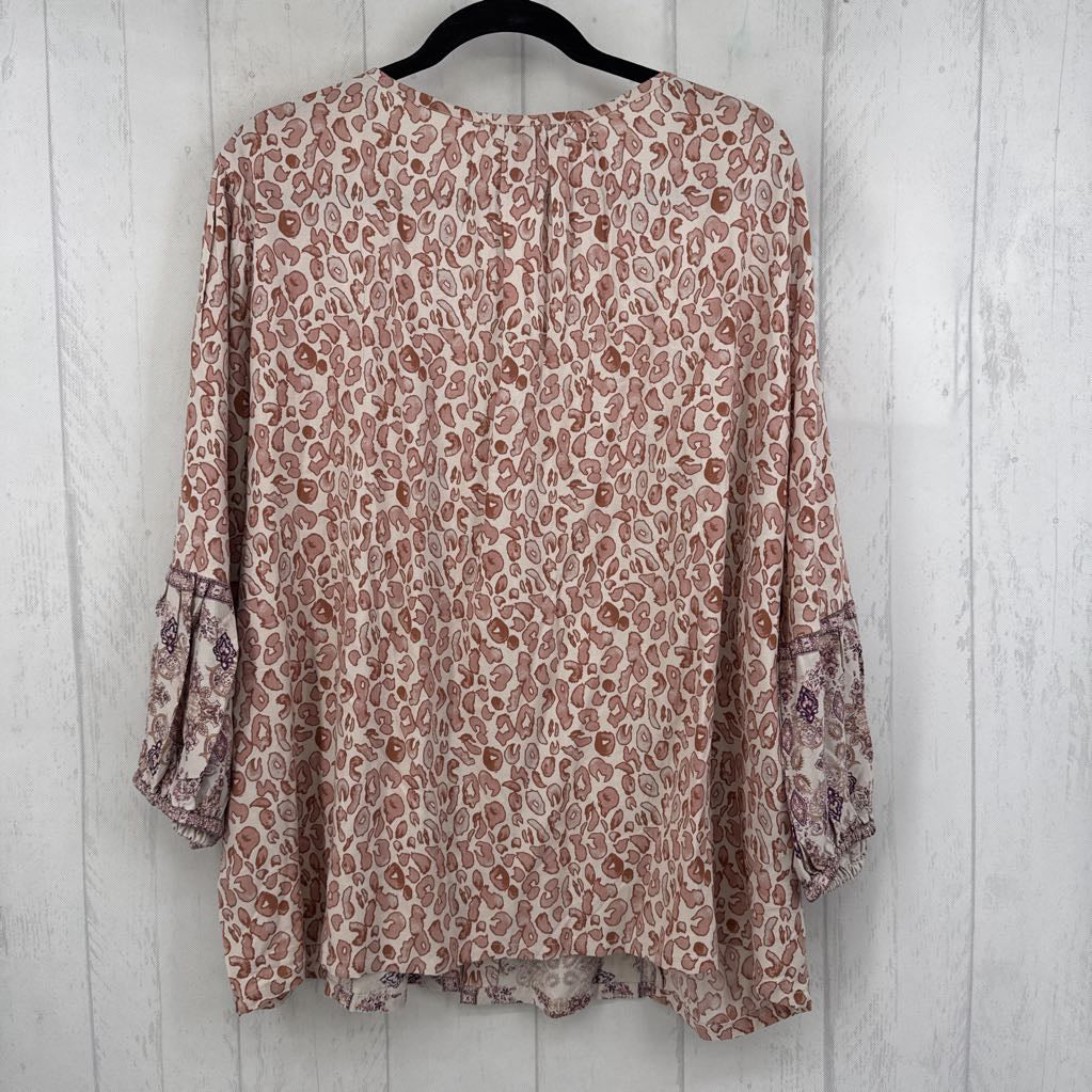 2X mixed print tie front l/s top