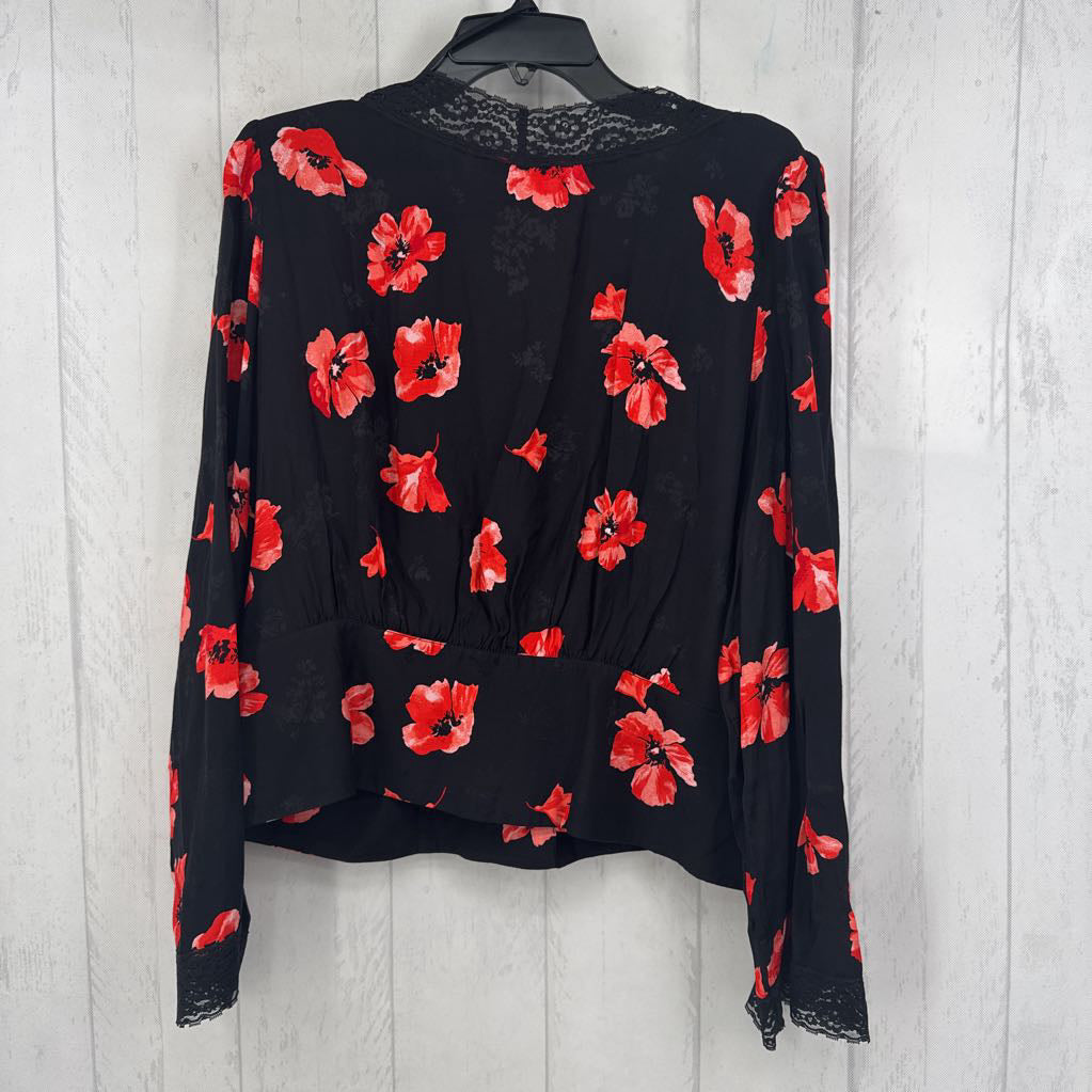 XL flo print lace trim l/s top