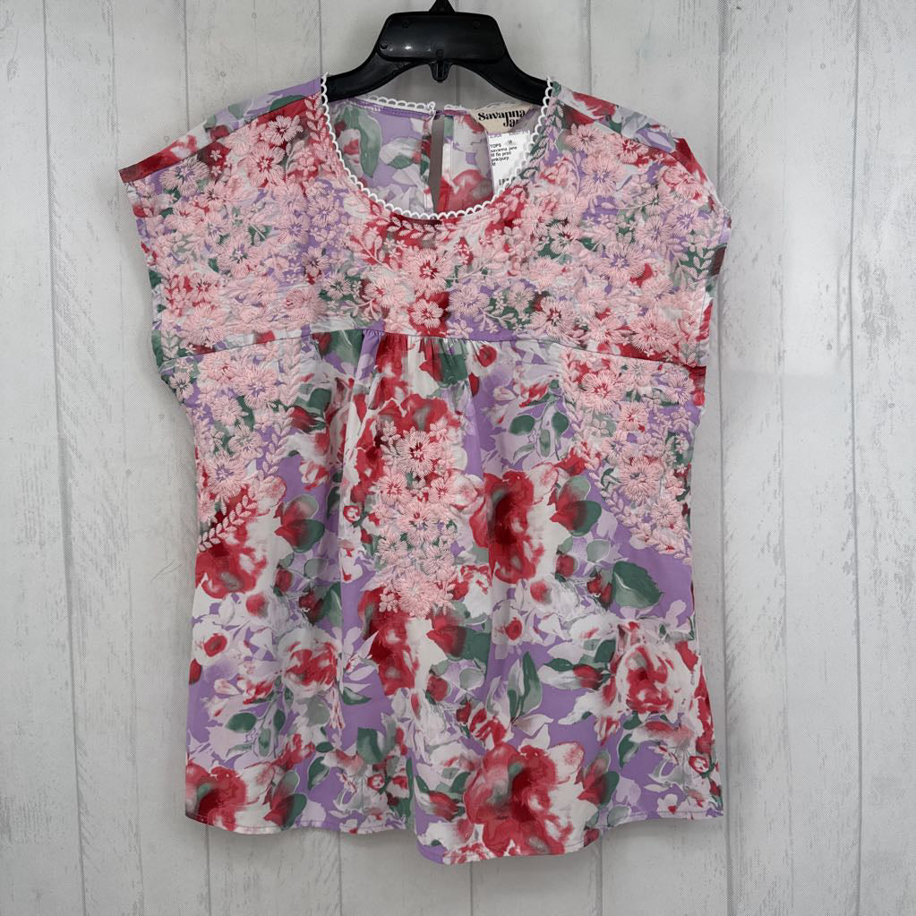 M flo print embroidered cap slv top