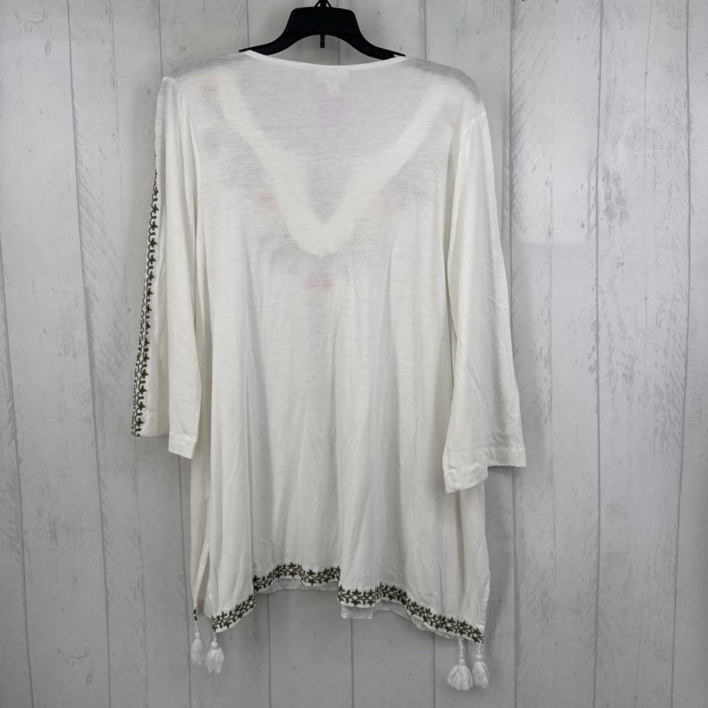 M flo embroidered tassel tie 3/4 slv top