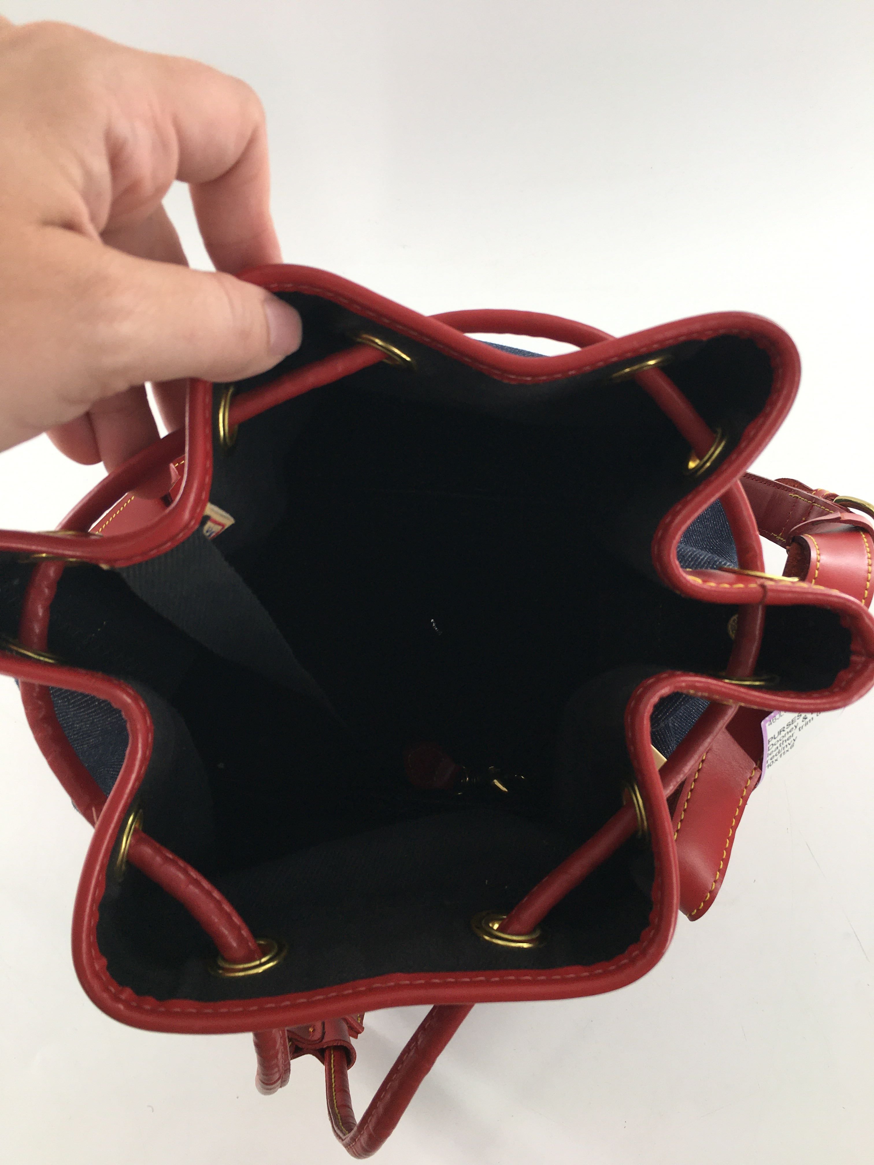leather trim denim bucket bag