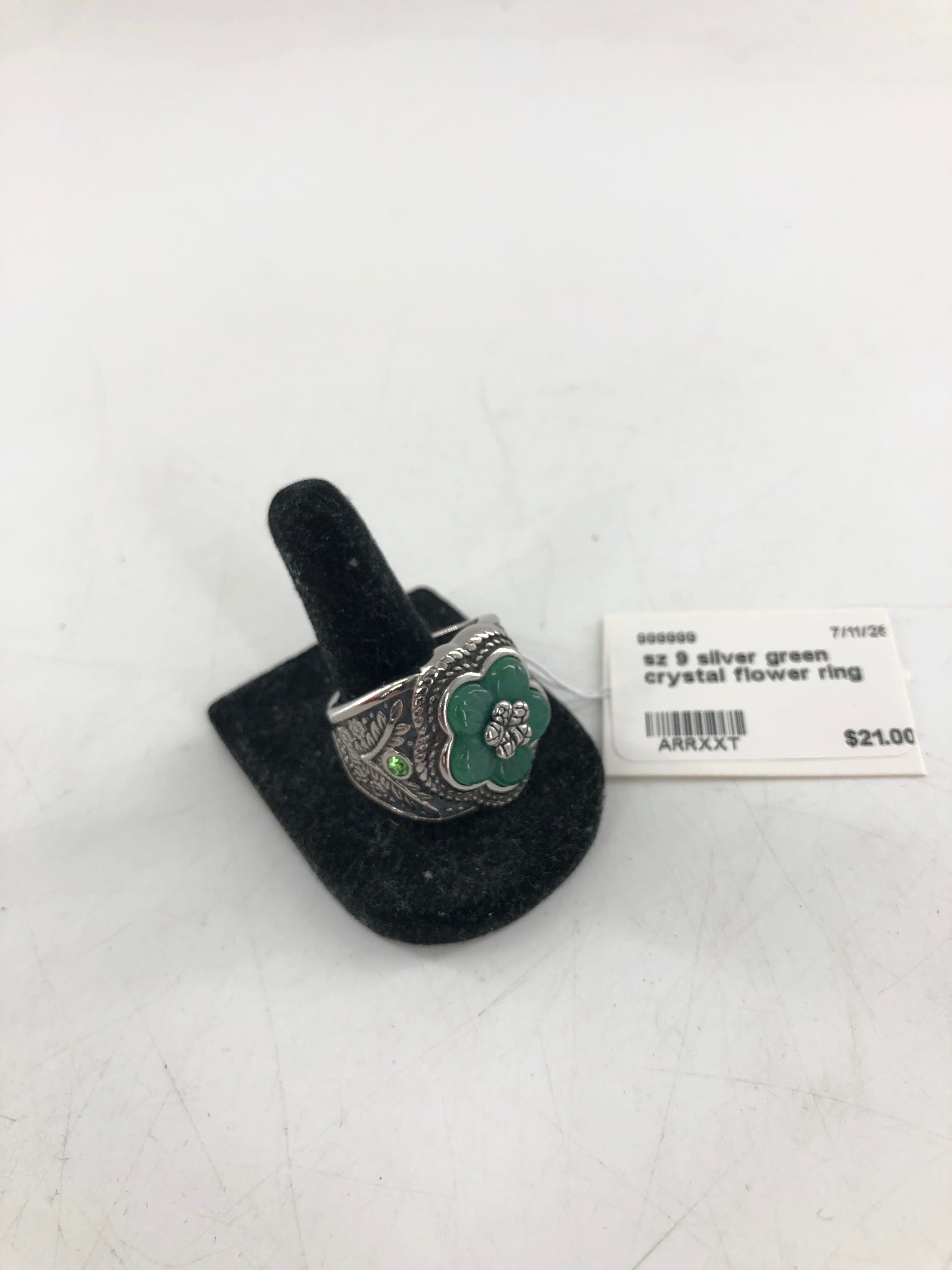 sz 9 silver green crystal flower ring