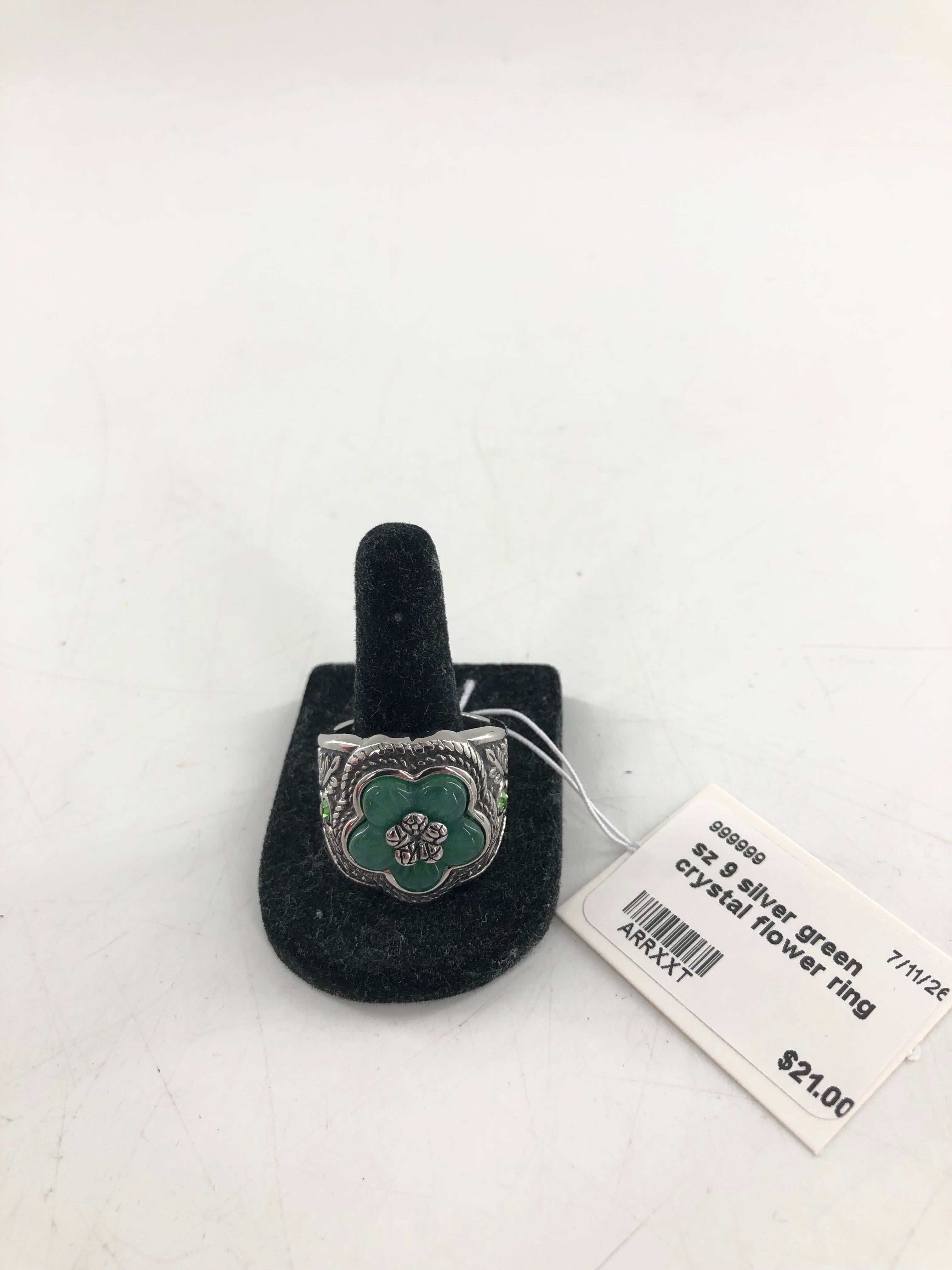 sz 9 silver green crystal flower ring