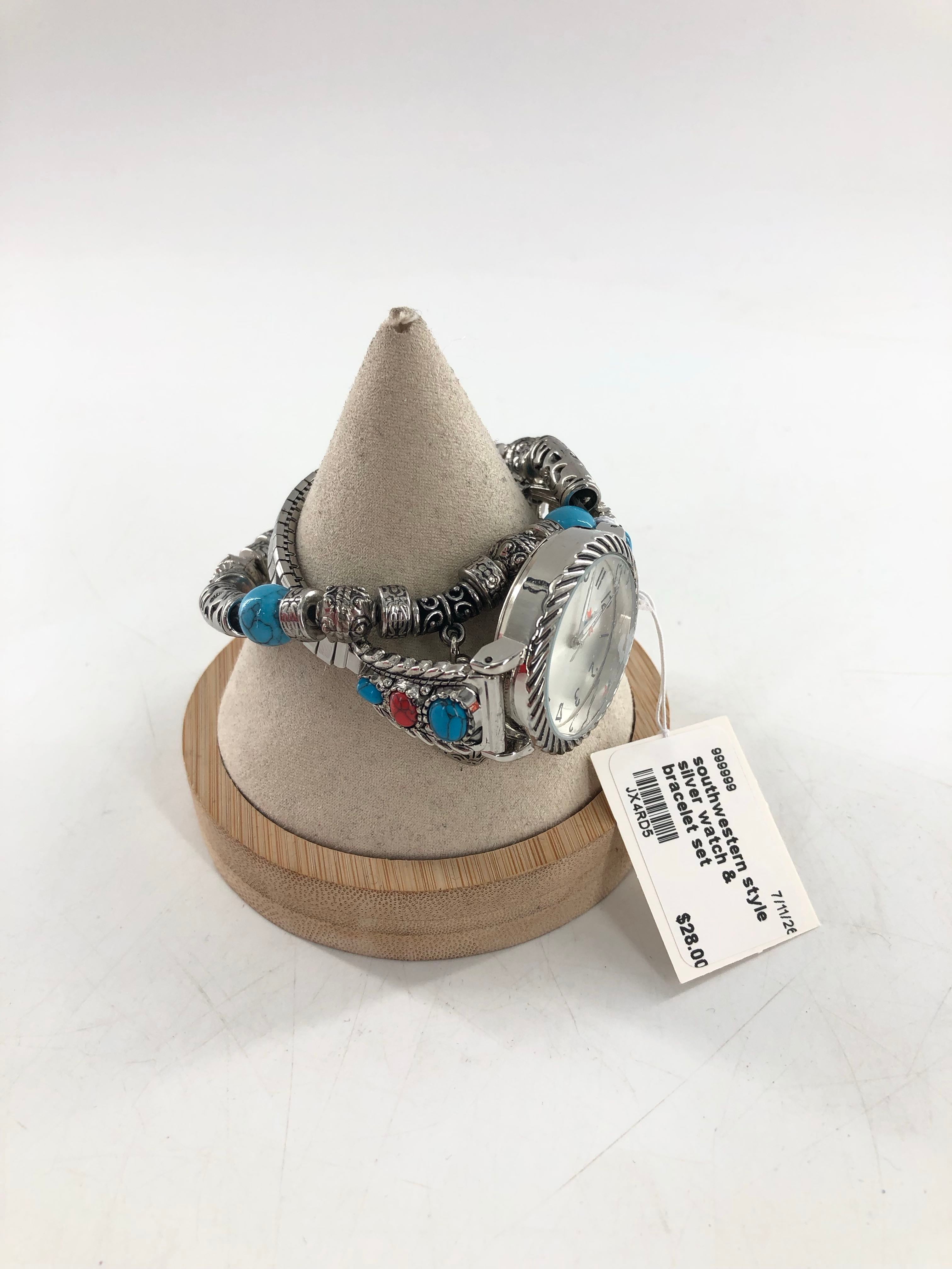 southwestern style silver watch & bracelet set