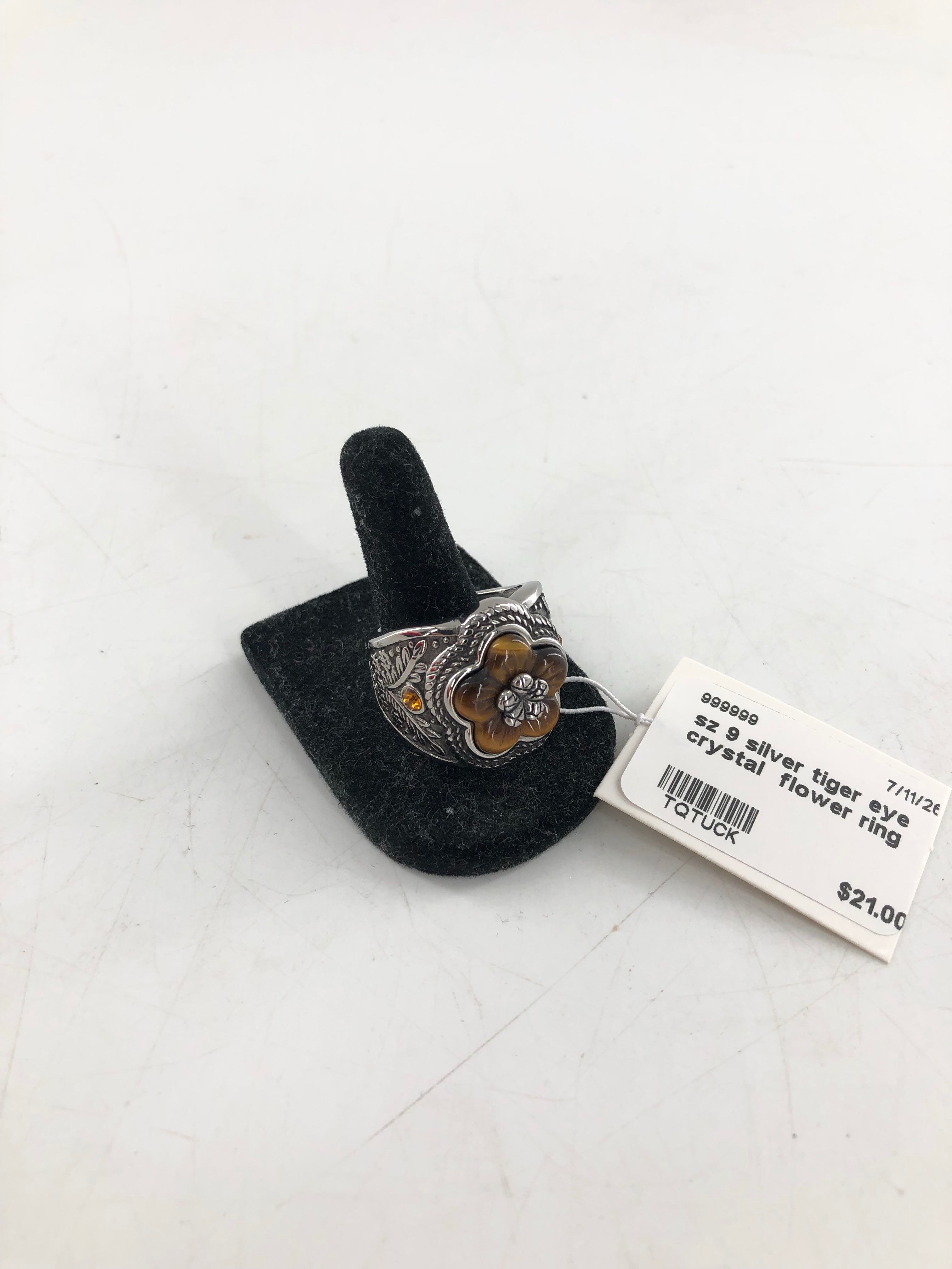 sz 9 silver tiger eye crystal flower ring