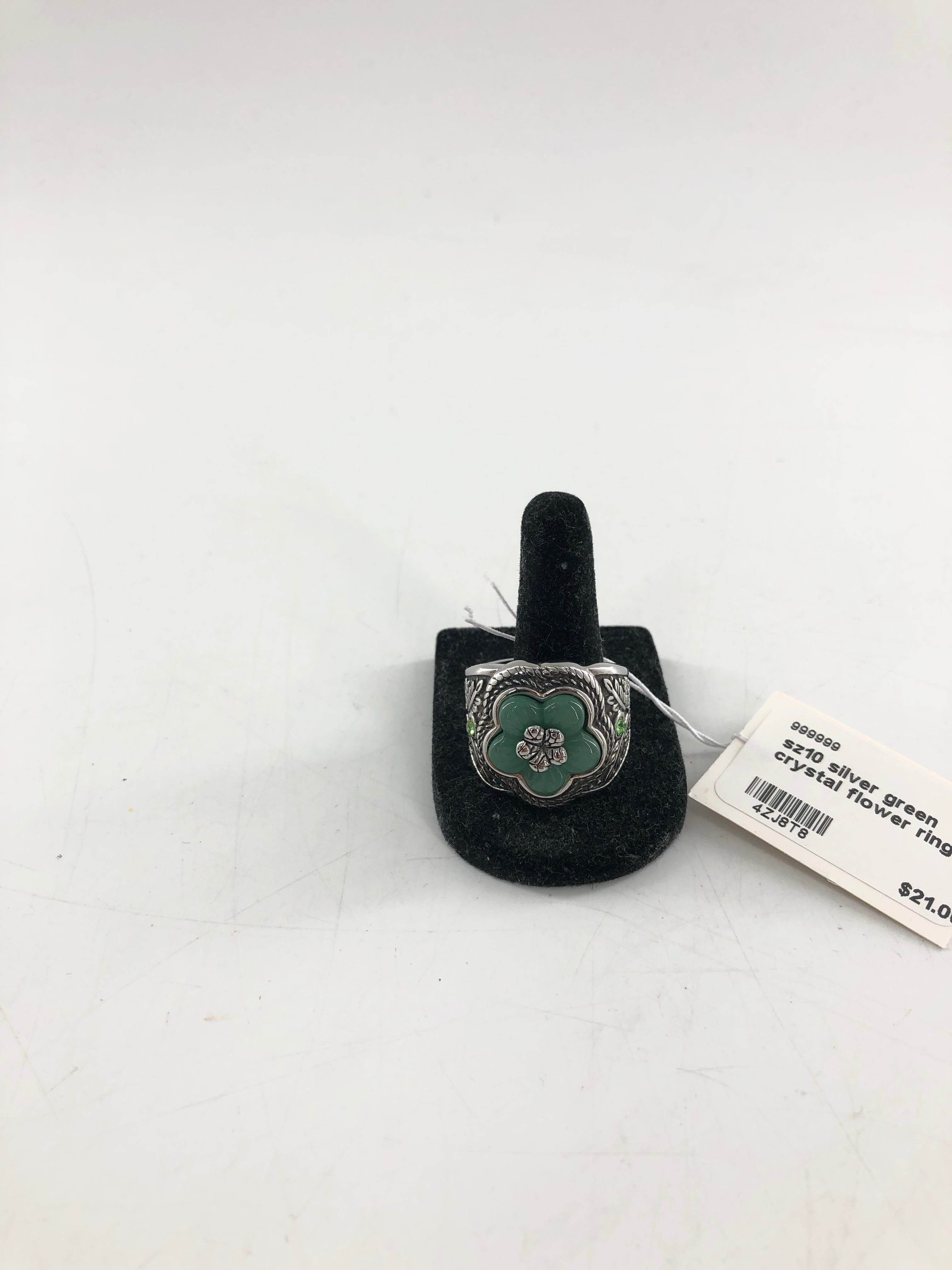 sz10 silver green crystal flower ring