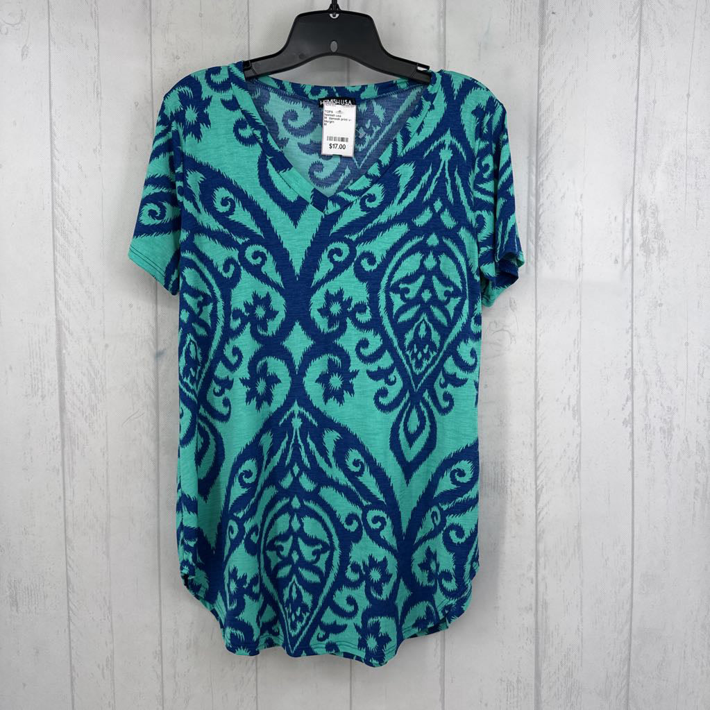 M damask print v-neck s/s tee
