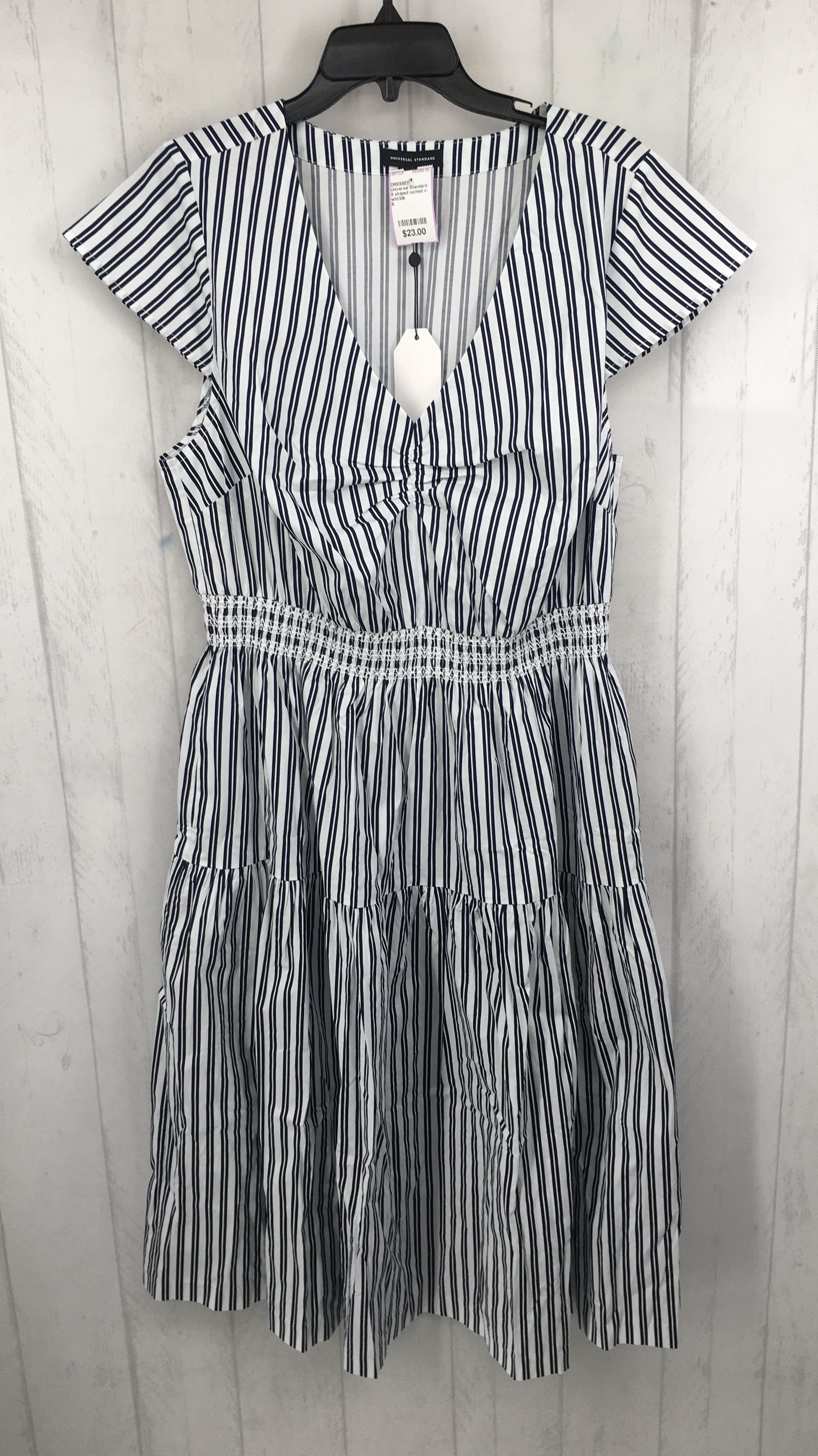 S striped ruched v-neck s/s tiered dress