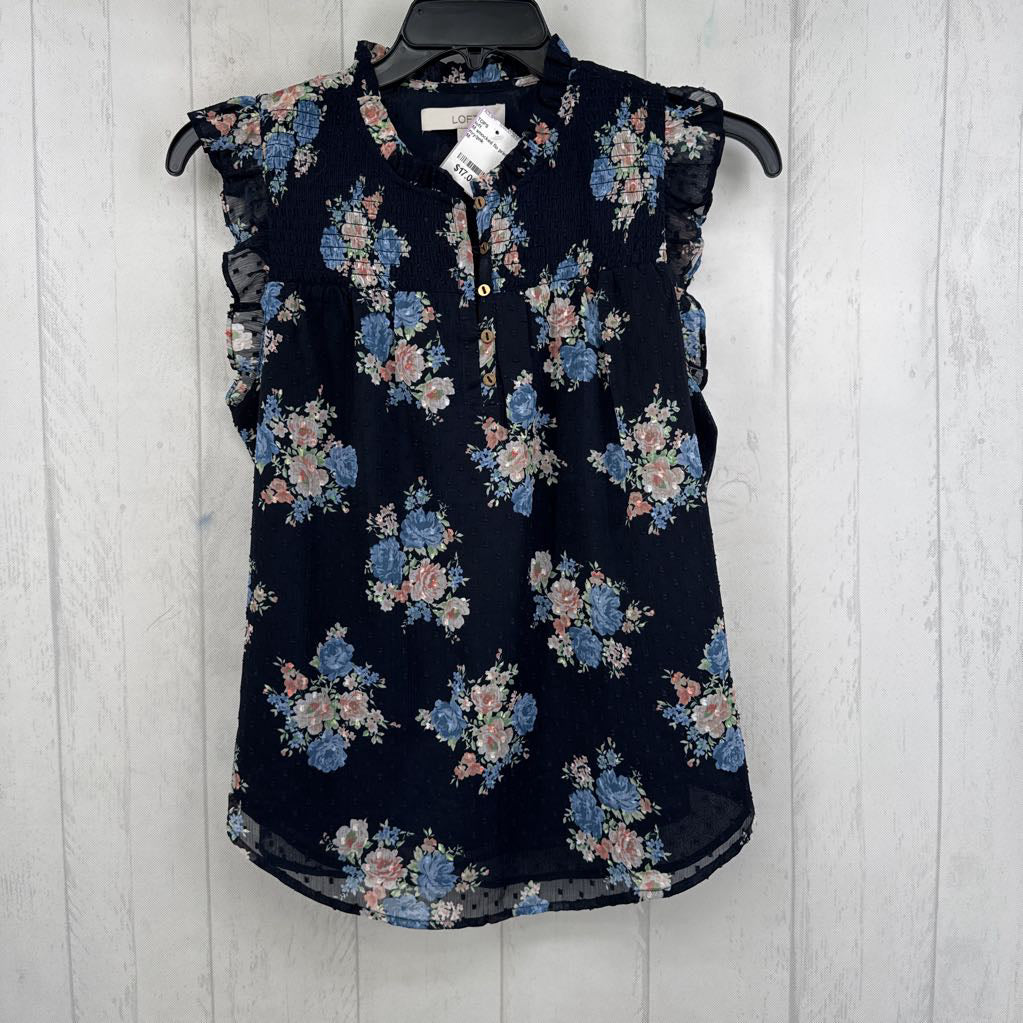 M smocked flo print flutter slv top
