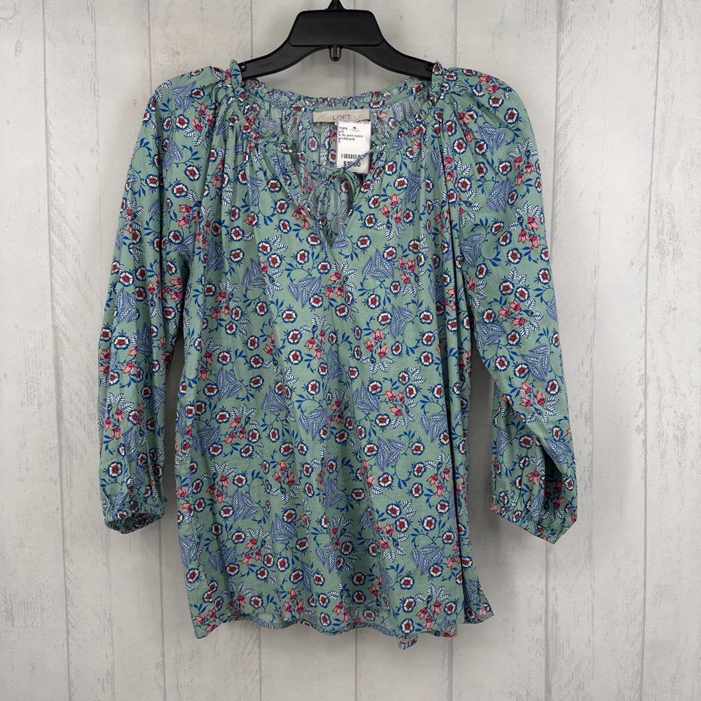 S flo print notch neck 3/4 slv top
