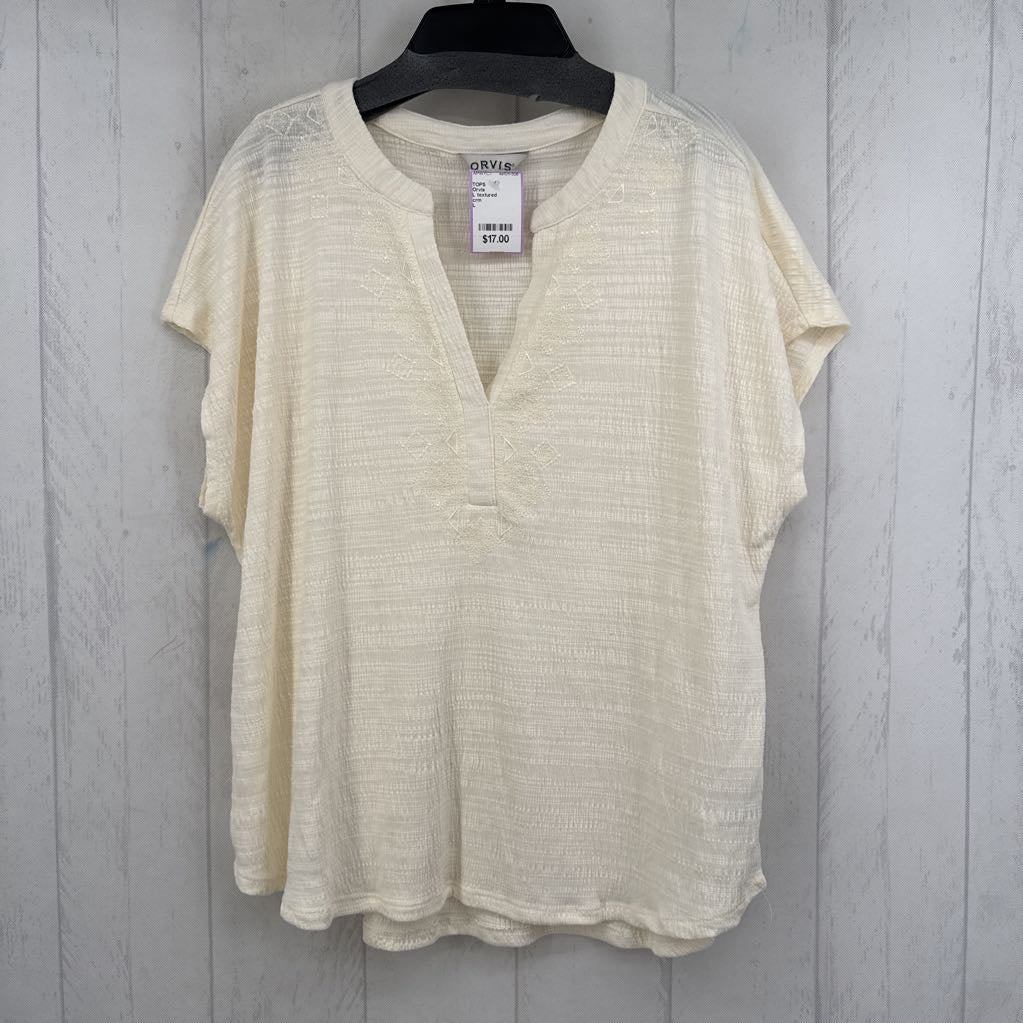 L textured embroidered split neck s/s top