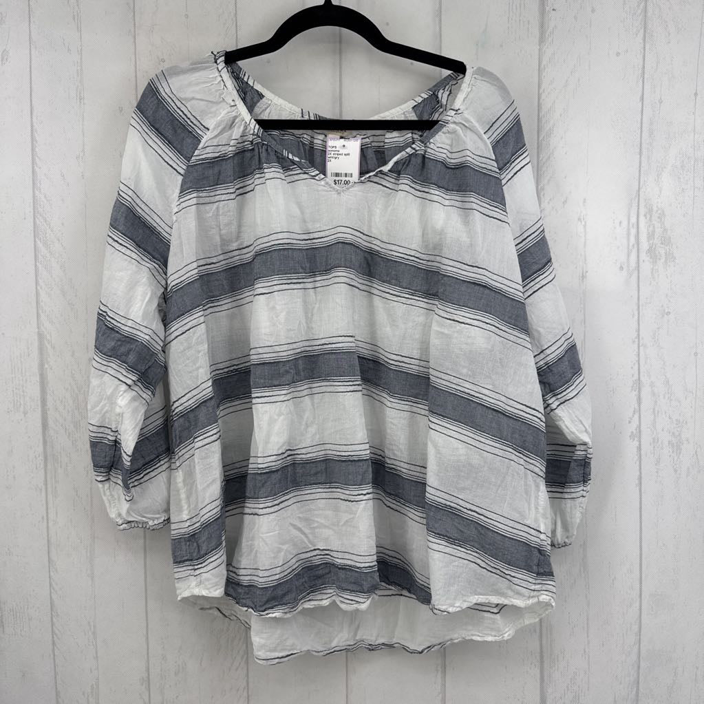 2X striped split neck l/s top