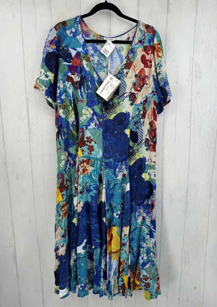 R49 XL colorful flo print v-neck s/s dress