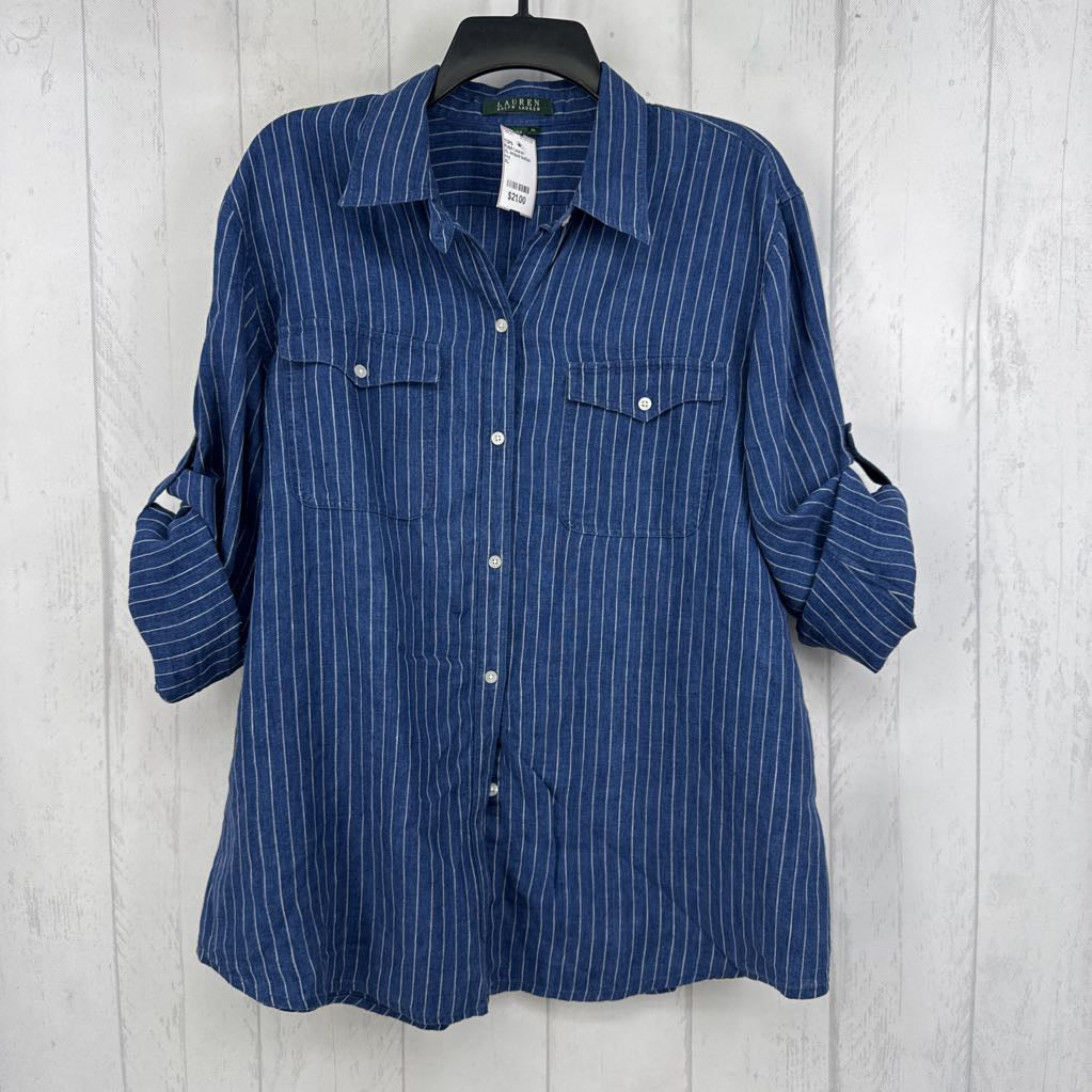 XL striped button down tab slv top
