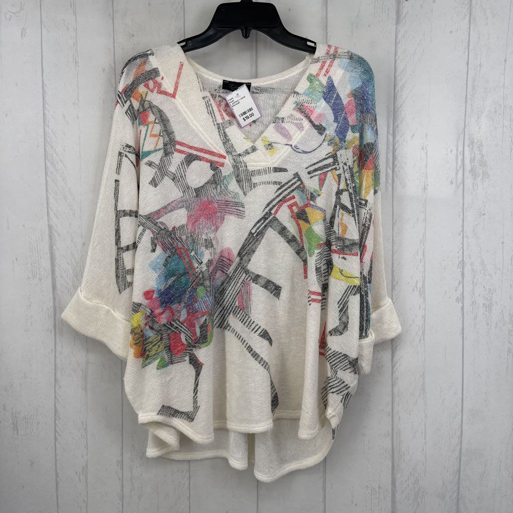 L printed v-neck drop shoulder knit top