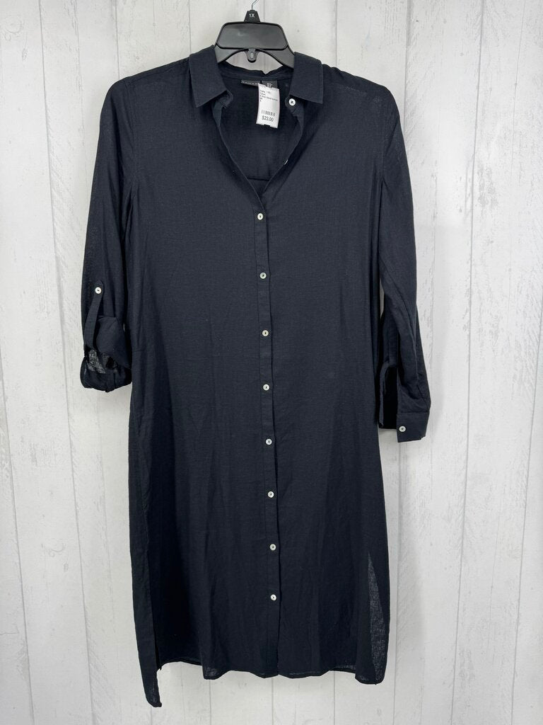 S linen blend button down tab slv top
