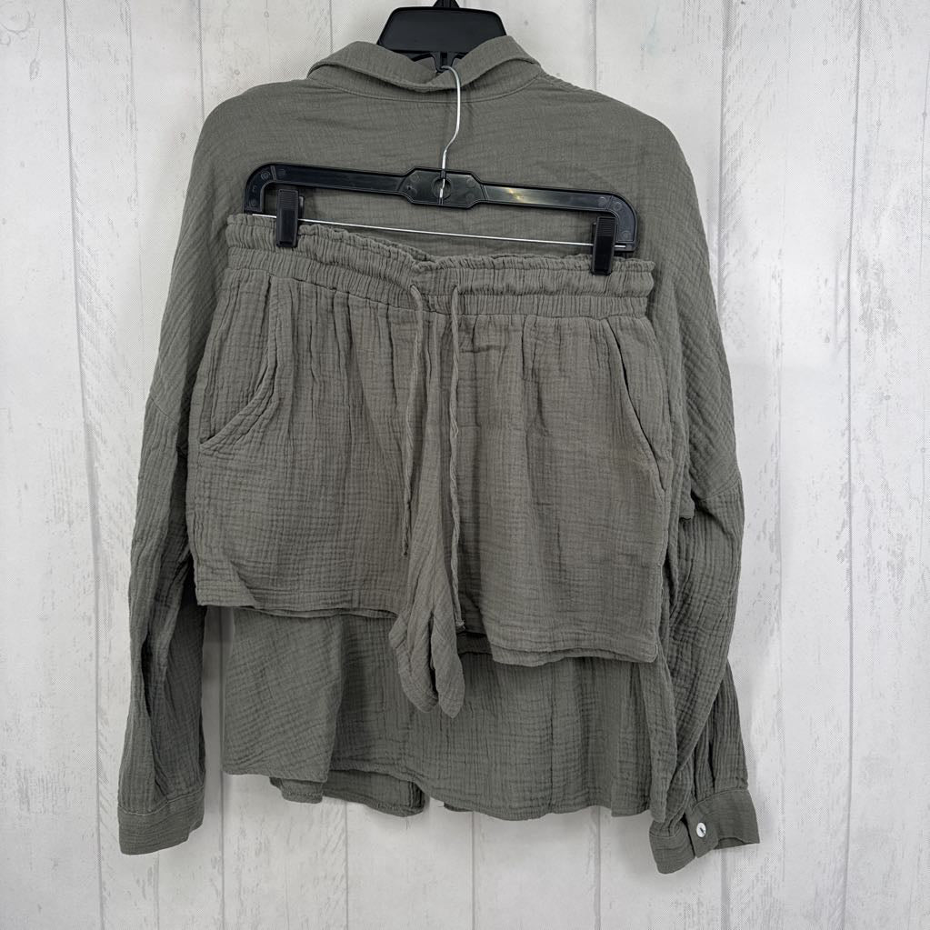 L 2pc gauze button down shorts set