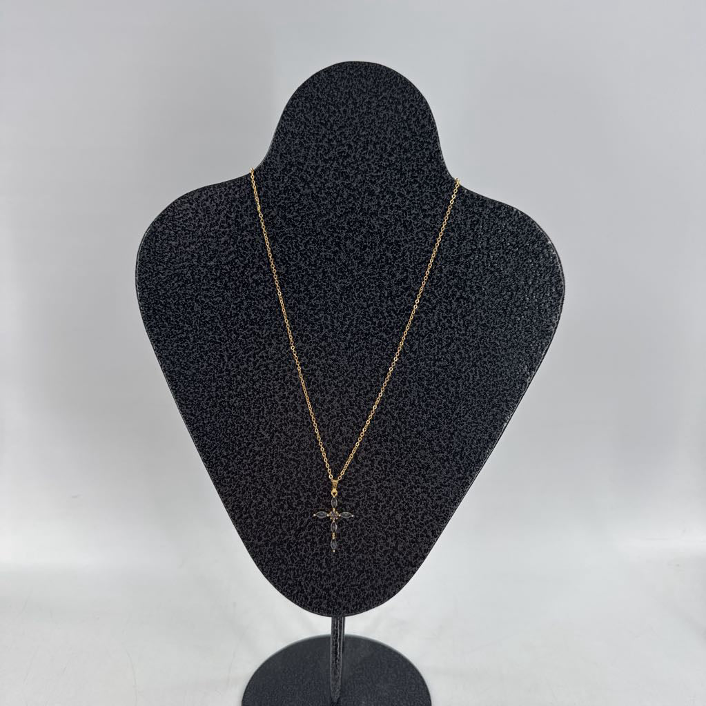 10" gold necklace w/ grey stone cross