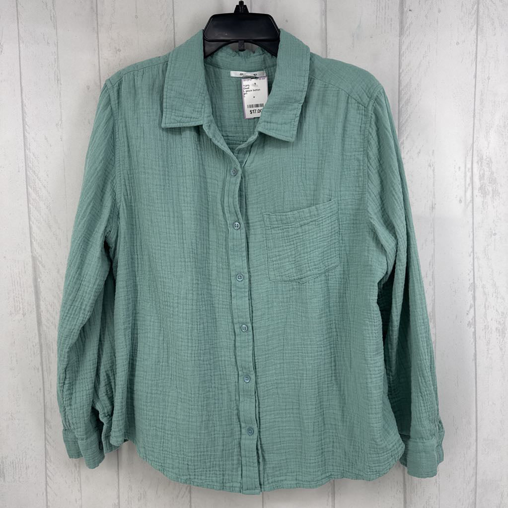 L gauze button down l/s top