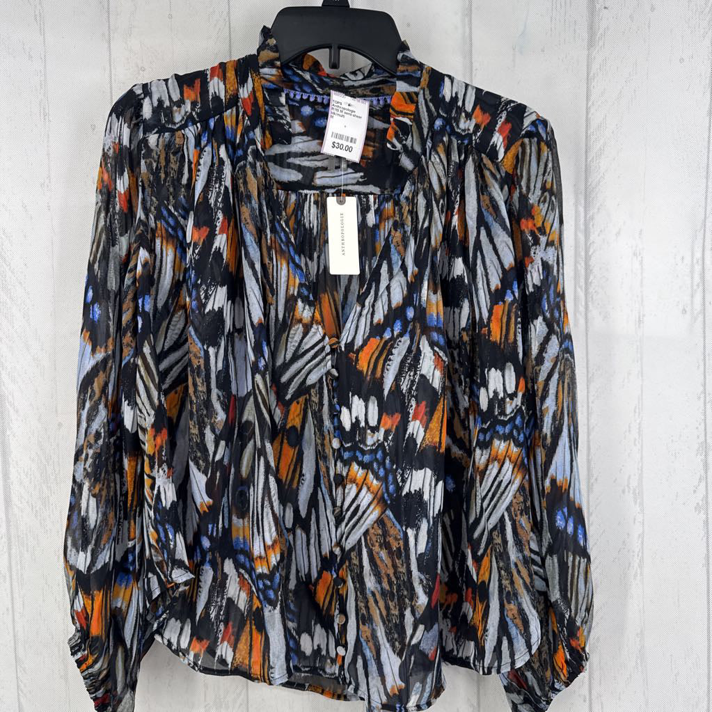 R110 M semi-sheer print v-nec k l/s top