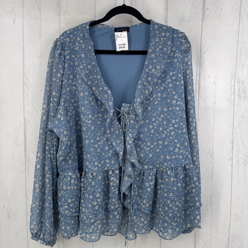 2X flo print ruffled l/s top