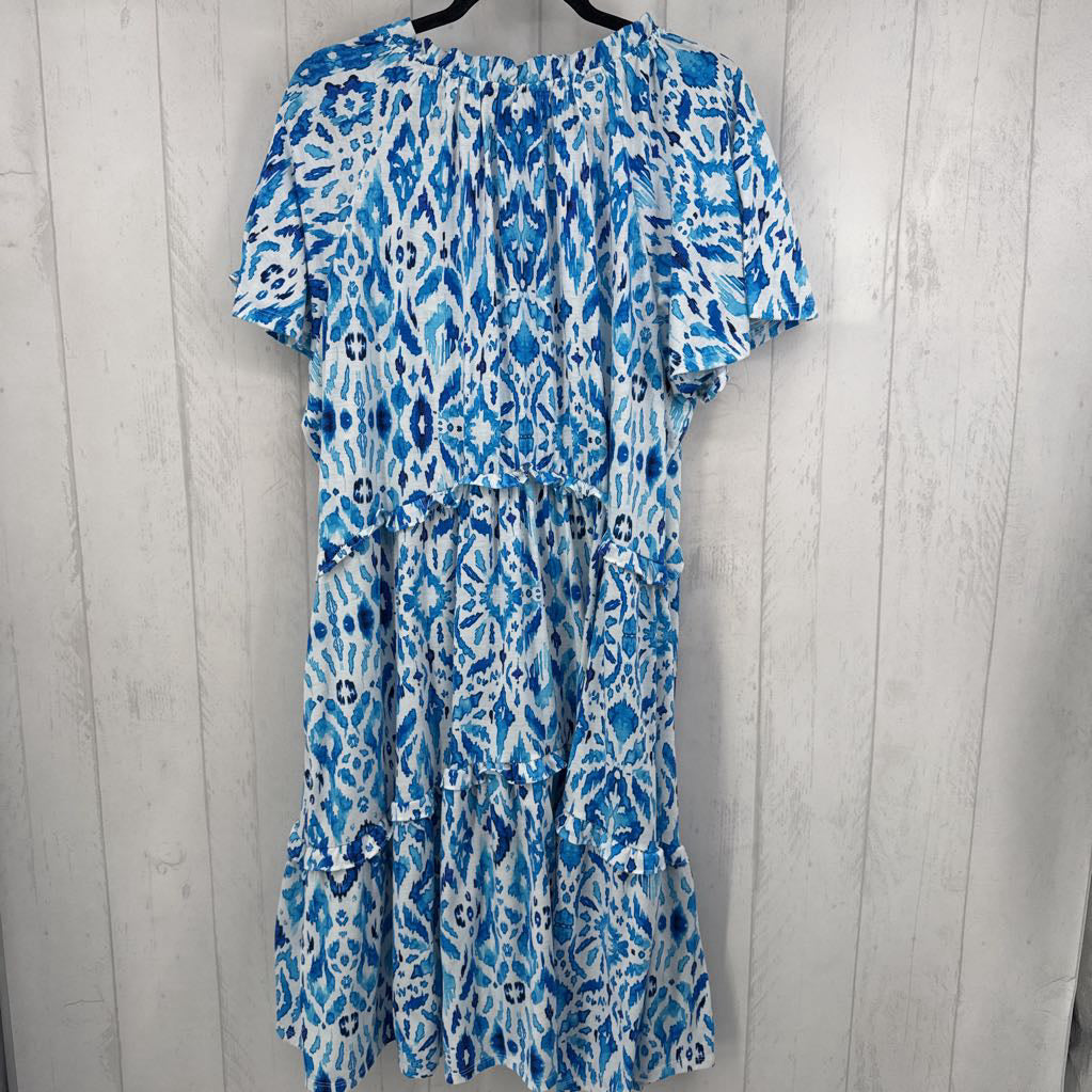2X print ruffled split neck s/s dress