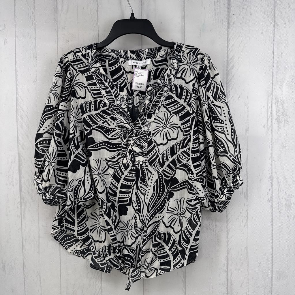M flo print split neck elbow slv top