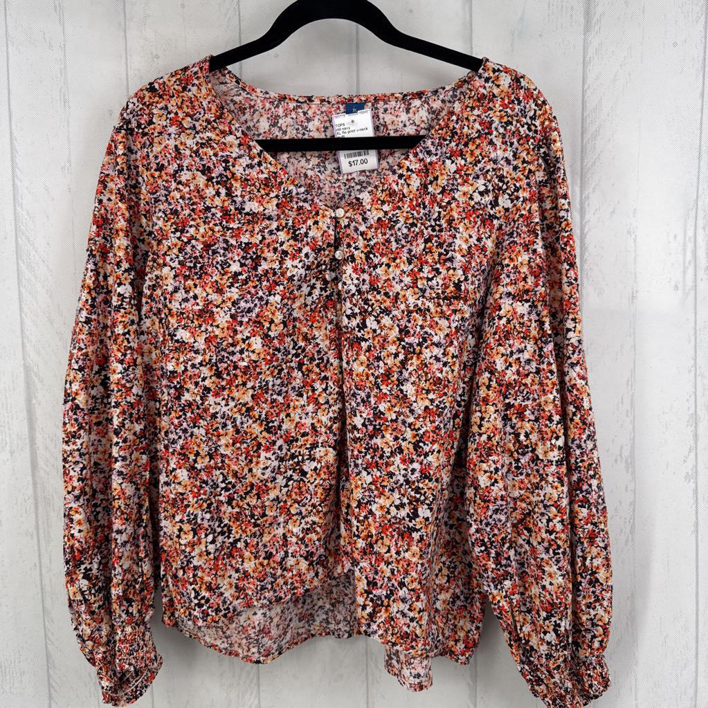 XL flo print v-neck l/s top