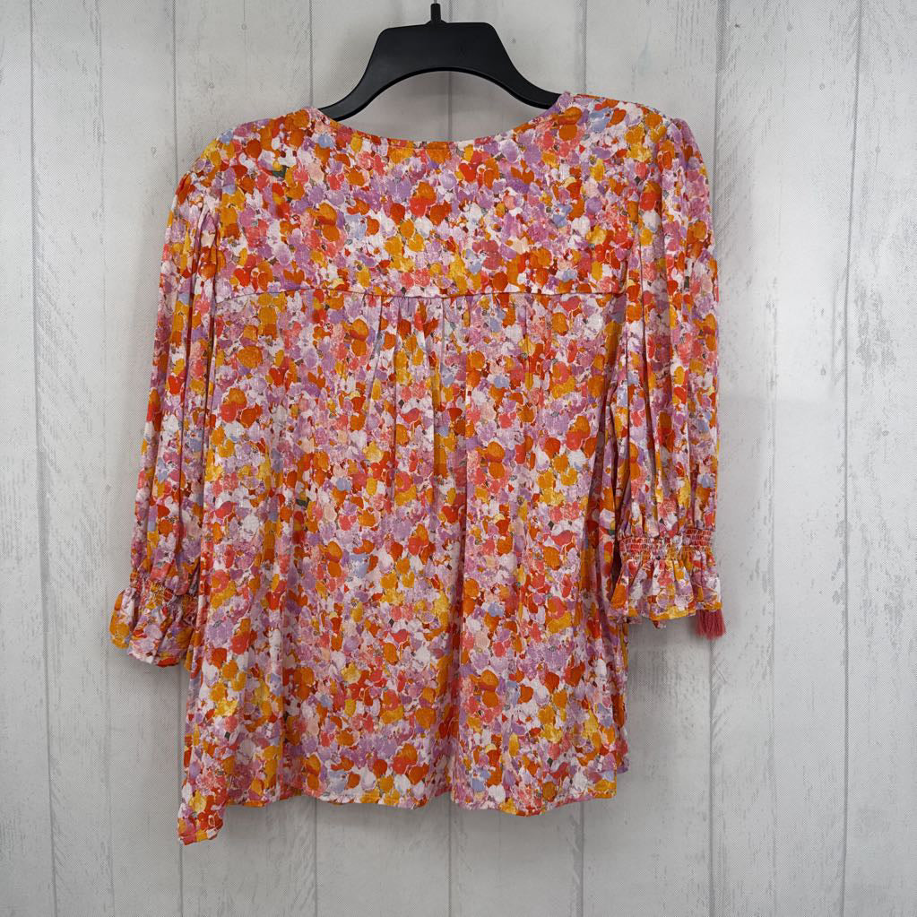 L flo print tie-front elbow slv top