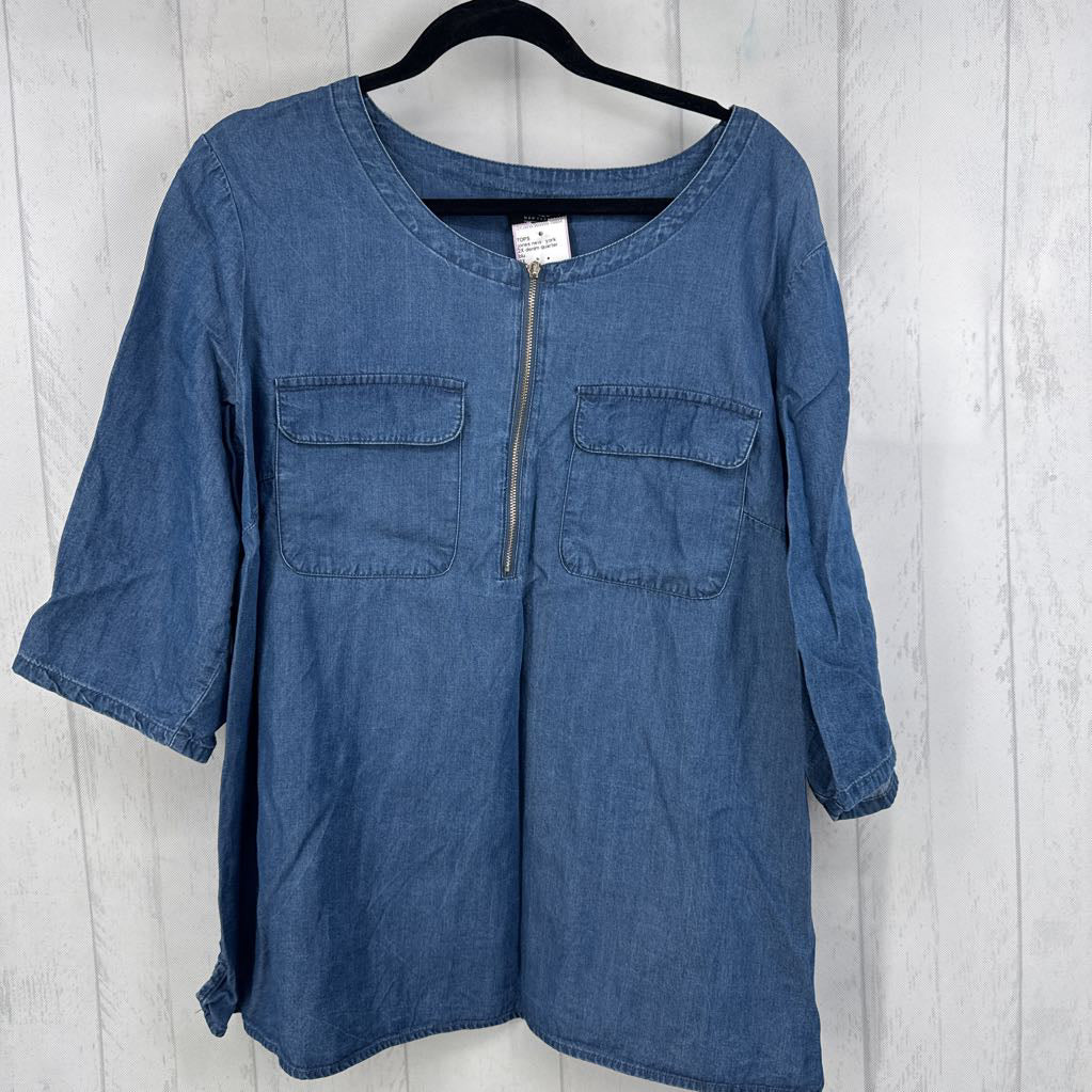 2X denim quarter zip 3/4 slv top