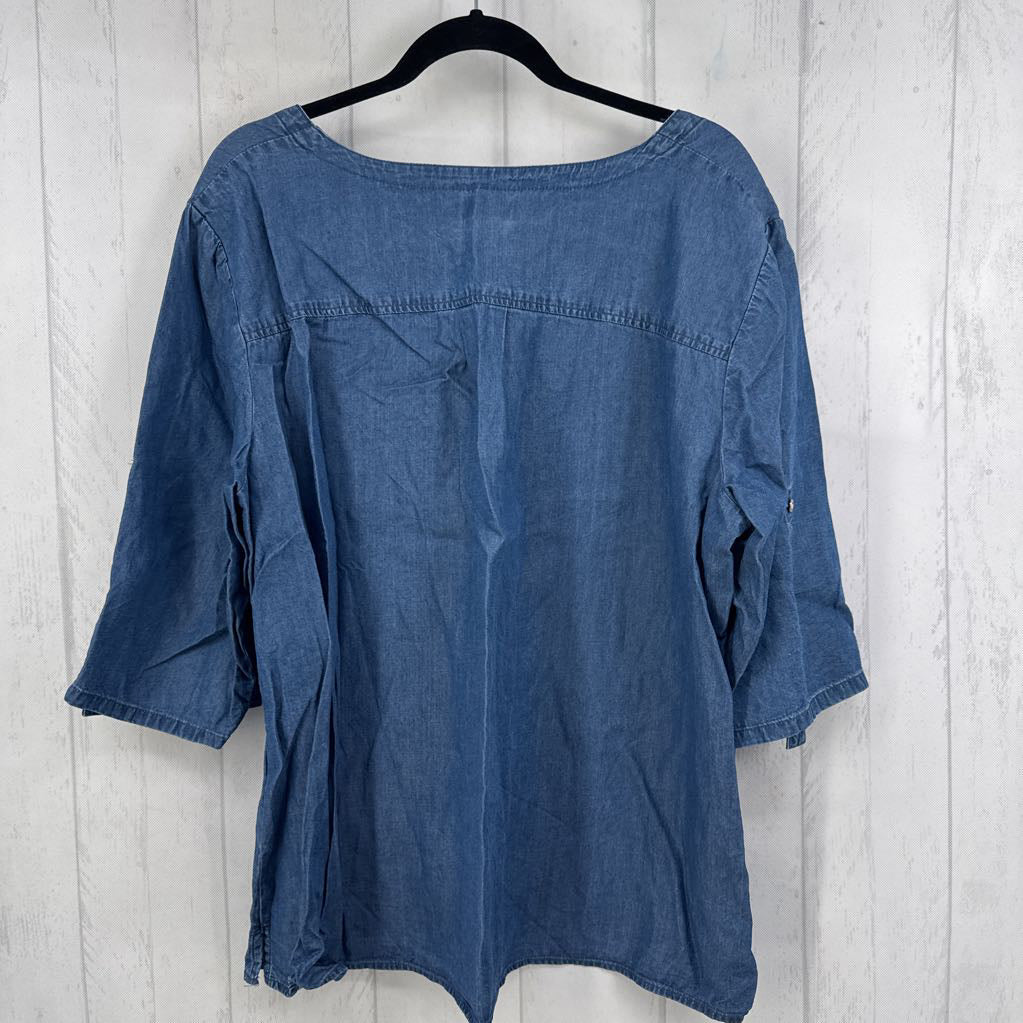2X denim quarter zip 3/4 slv top