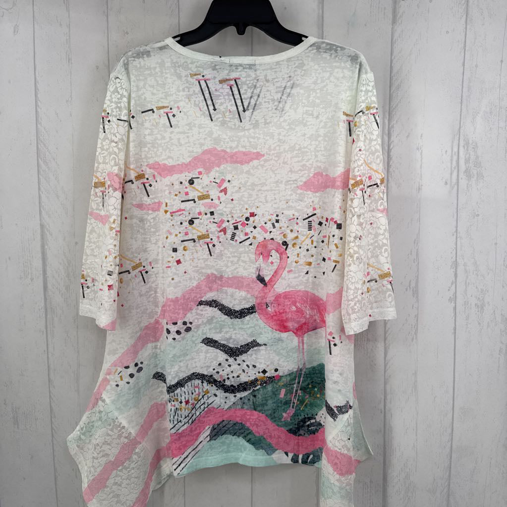 S/M embelished flamingo sharkbite hem 3/4 slv top