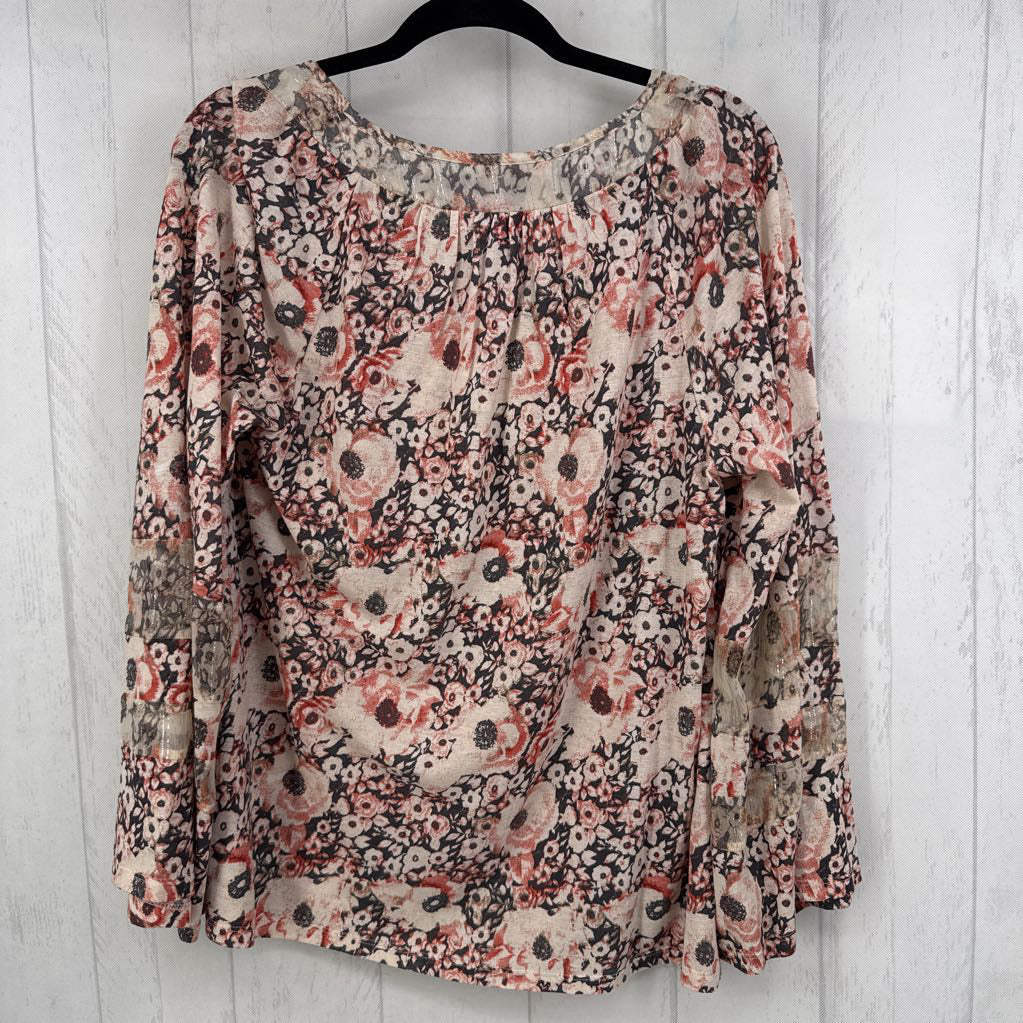 1X flo print tie front flare slv tunic