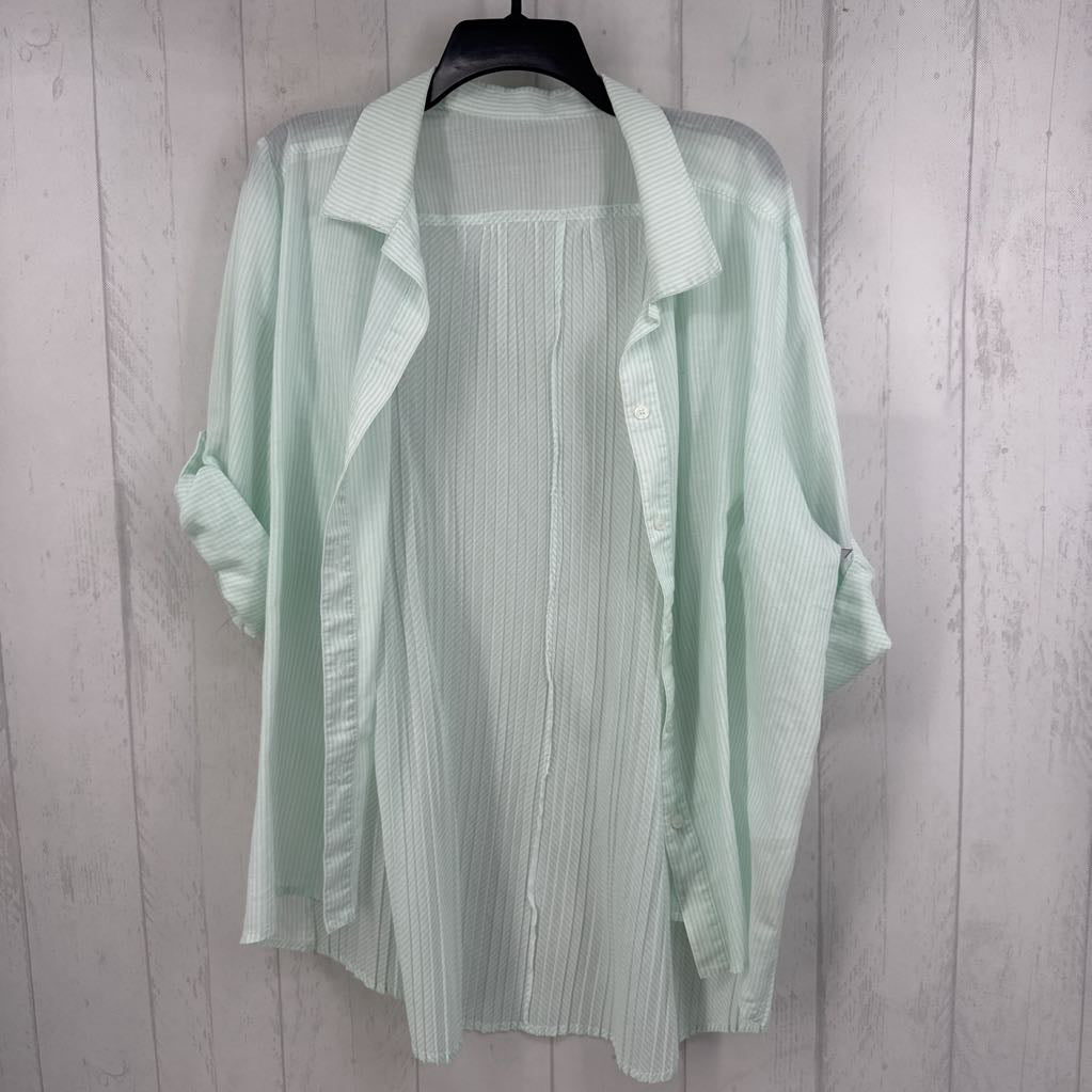 L striped pleated back button down tab slv top