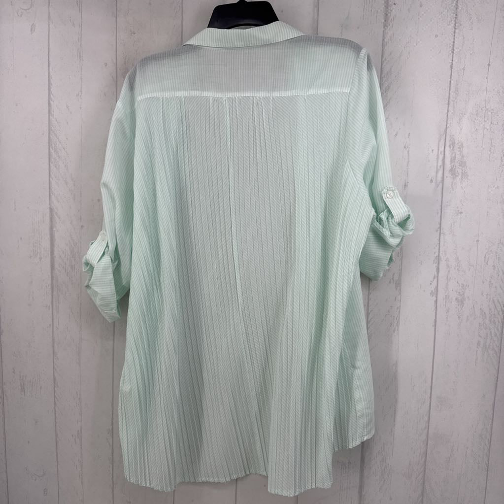 L striped pleated back button down tab slv top