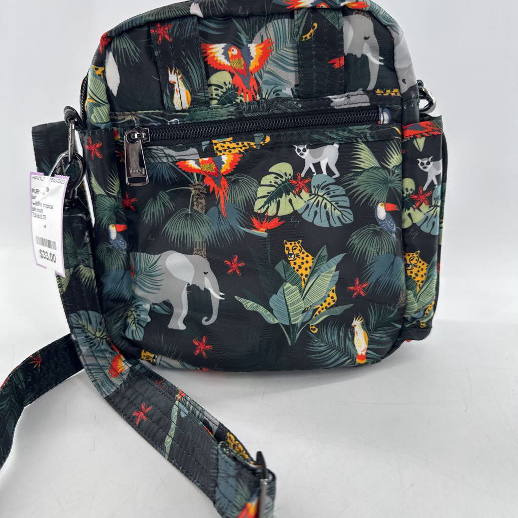 wildlife tropical print double zip crossbody