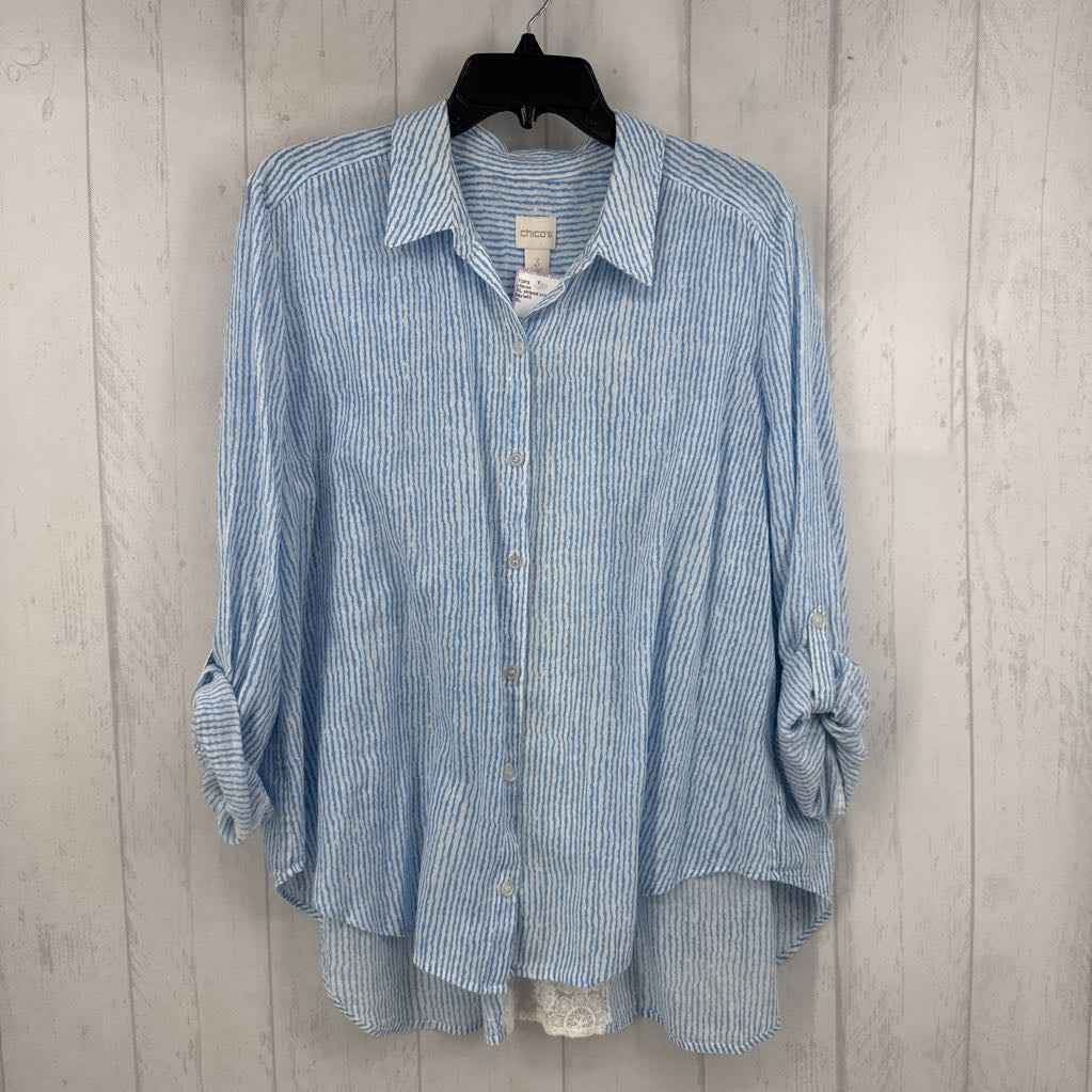 XL striped crochet back button down l/s top
