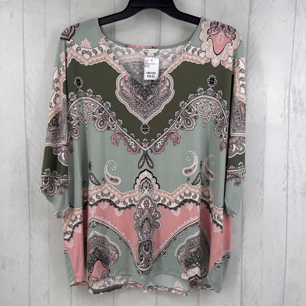 22/24w printed v-neck tab slv tunic