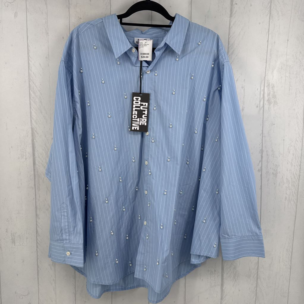 R34 1X pearl embelished striped button down l/s top