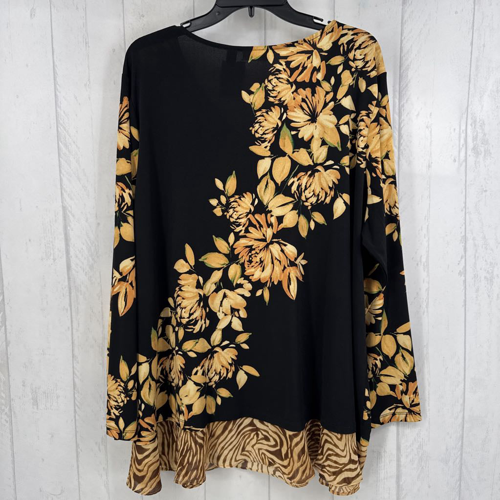 3X flo print v-neck l/s top