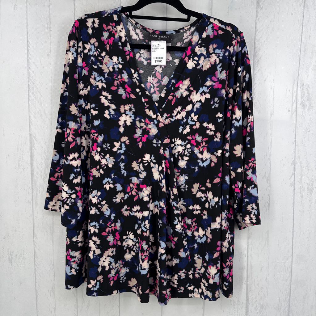 3X flo print v-neck 3/4 slv top