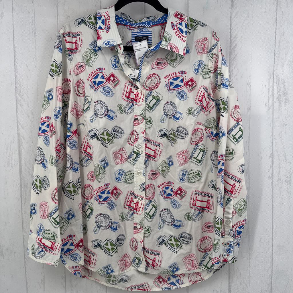 1X passport stamp print button down l/s top