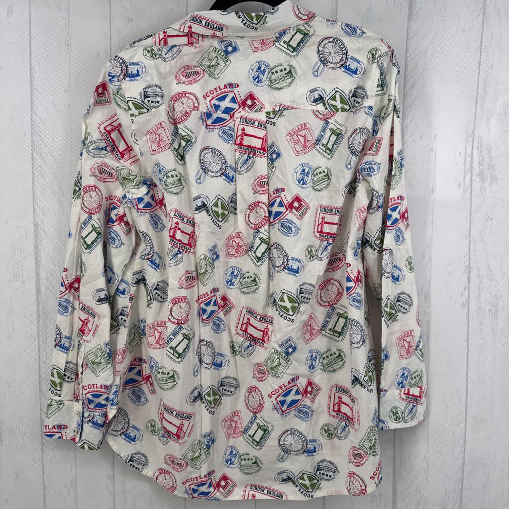 1X passport stamp print button down l/s top